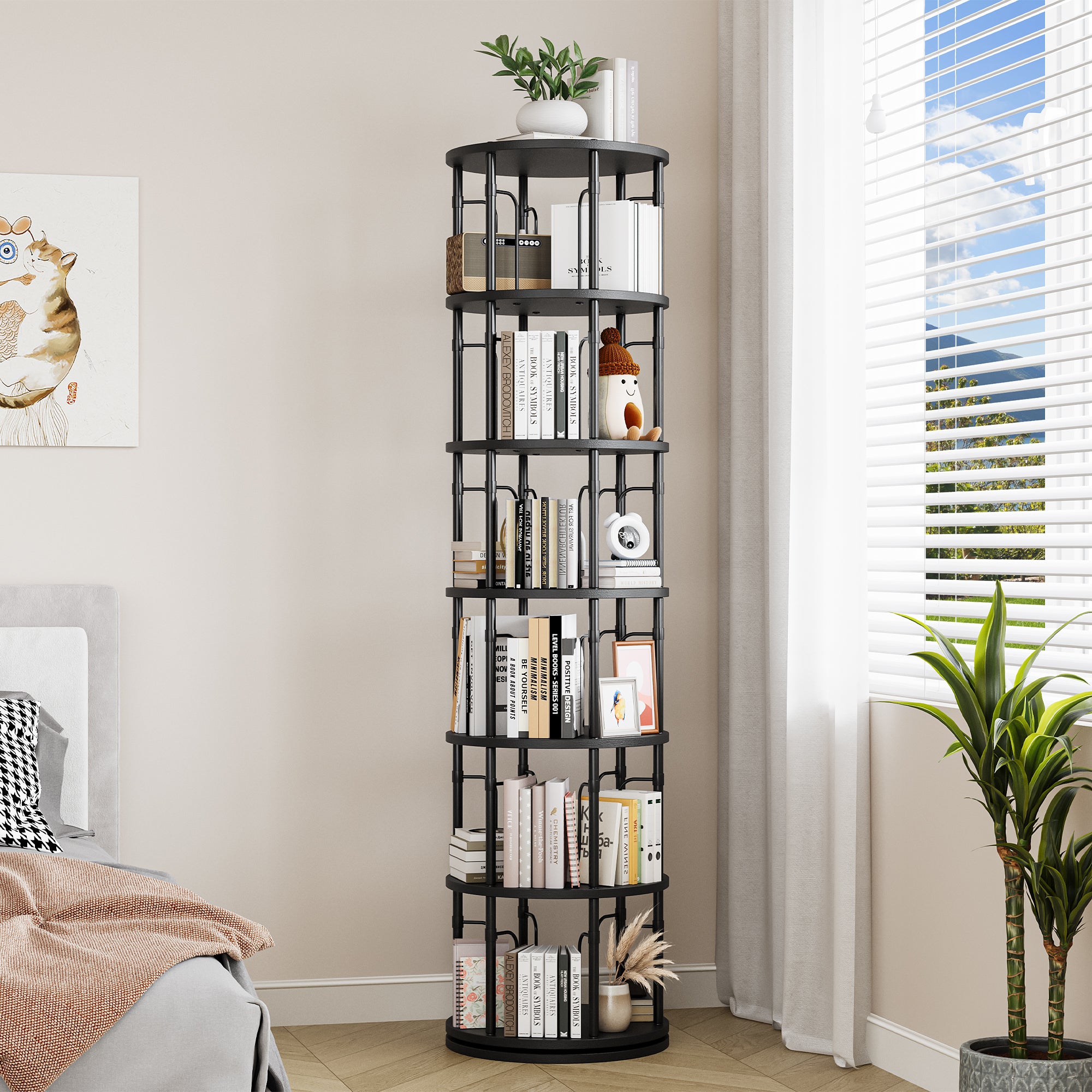 6 Tier Rotating Bookshelf Tower, 360° Spinning Bookcase, Vertical Floor Standing Revolving Bookshelf Organizer for Small Spaces, Corner, Living Room, Bedroom, Black