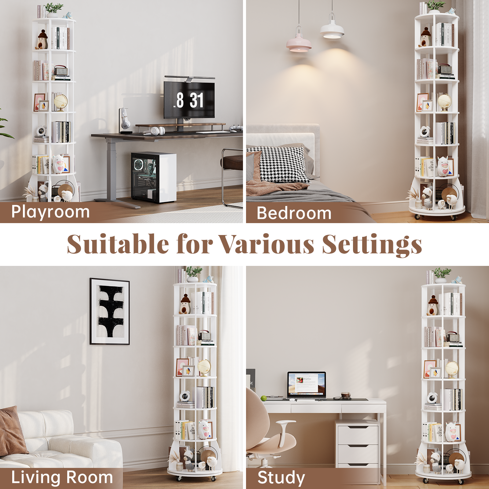 6 Tier Rotating Bookshelf with Locking Casters, 360° Spinning Vertical Bookcase, Revolving Floor Standing Organizer for Small Spaces, Corner, Living Room, Bedroom, White