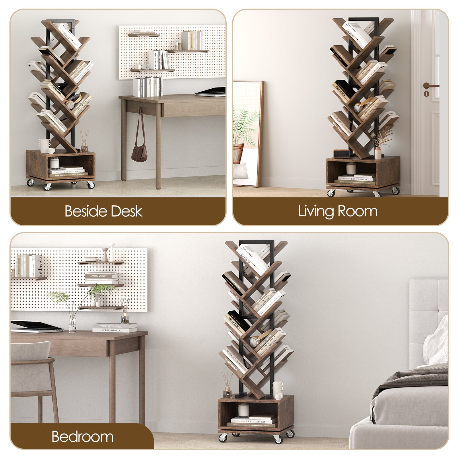 49" Rotating Tree Bookshelf, 7 Tier Double Sided Shelf, Wood Corner Bookshelf with Wheels, 360 Display Spinning Bookcase Storage Rack, Ideal for Small Rooms, Easy Assembly, Rustic Brown