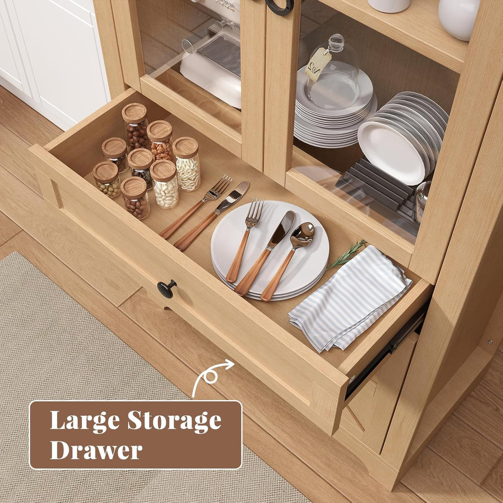 71" Tall Farmhouse Arched Storage Cabinet with Glass Door, Drawer and Barn Door, Versatile Pantry for Kitchen, Dining Room, Bathroom, Natural