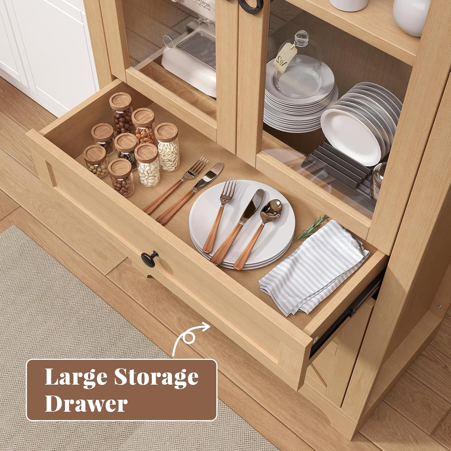 71" Tall Farmhouse Arched Storage Cabinet with Glass Door, Drawer and Barn Door, Versatile Pantry for Kitchen, Dining Room, Bathroom, Natural