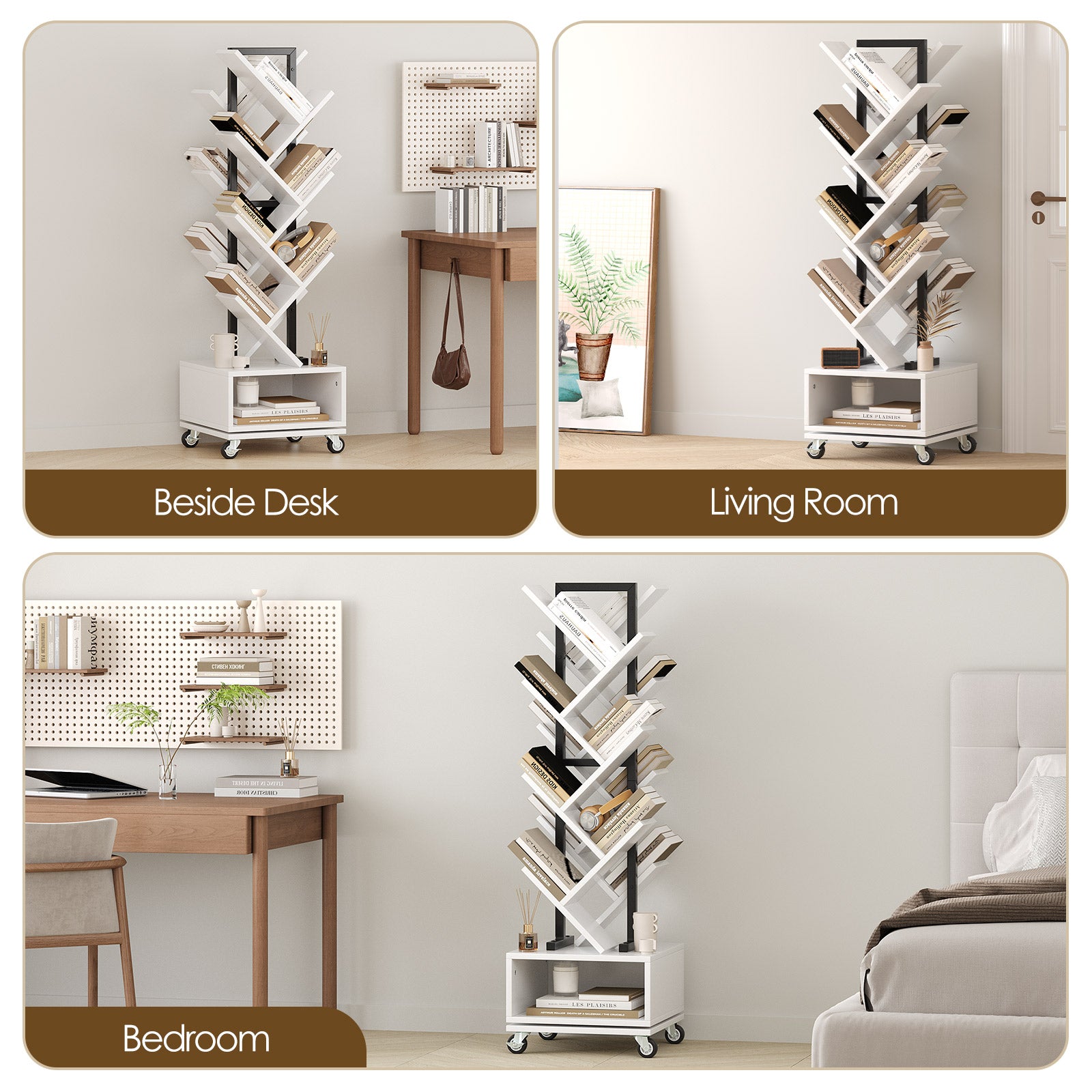 7 Tier Tree-Shaped Rotating Bookshelf, Double Sided, Small Bookcase with Storage Cabinet, Modern Tall Narrow Bookshelves Organizer, Floor Standing Book Shelf for Bedroom/Living Room, White
