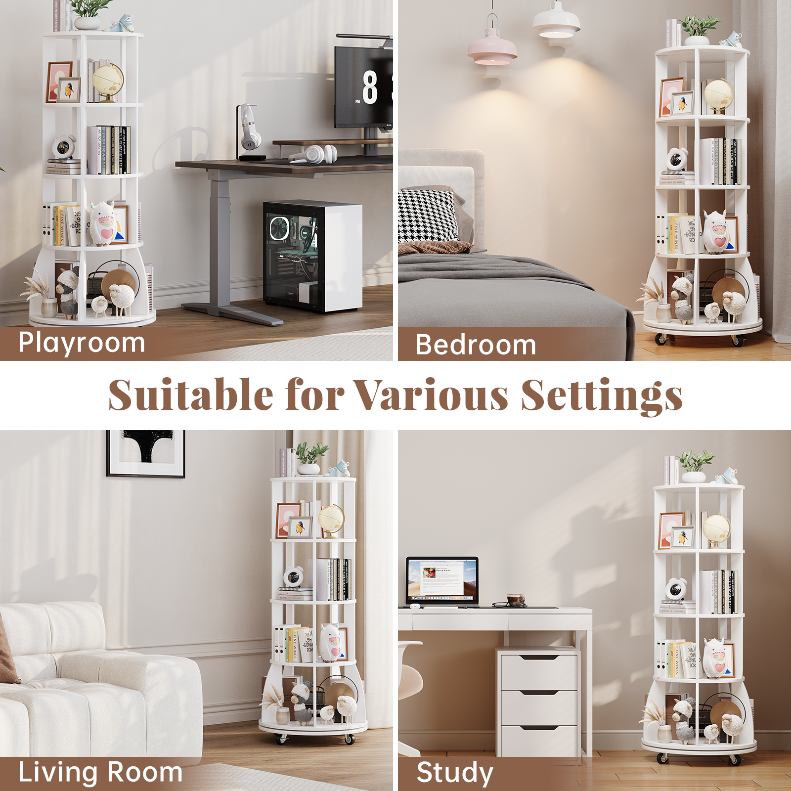 4 Tier Rotating Bookshelf with Brake Wheels, 360° Spinning Bookcase, Vertical Floor Standing Revolving Bookshelf Organizer for Small Spaces, Corner, Living Room, Bedroom, White