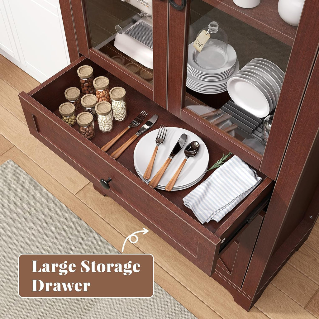 71" Tall Farmhouse Arched Storage Cabinet with Glass Door, Drawer and Barn Door, Versatile Pantry for Kitchen, Dining Room, Bathroom, Brown