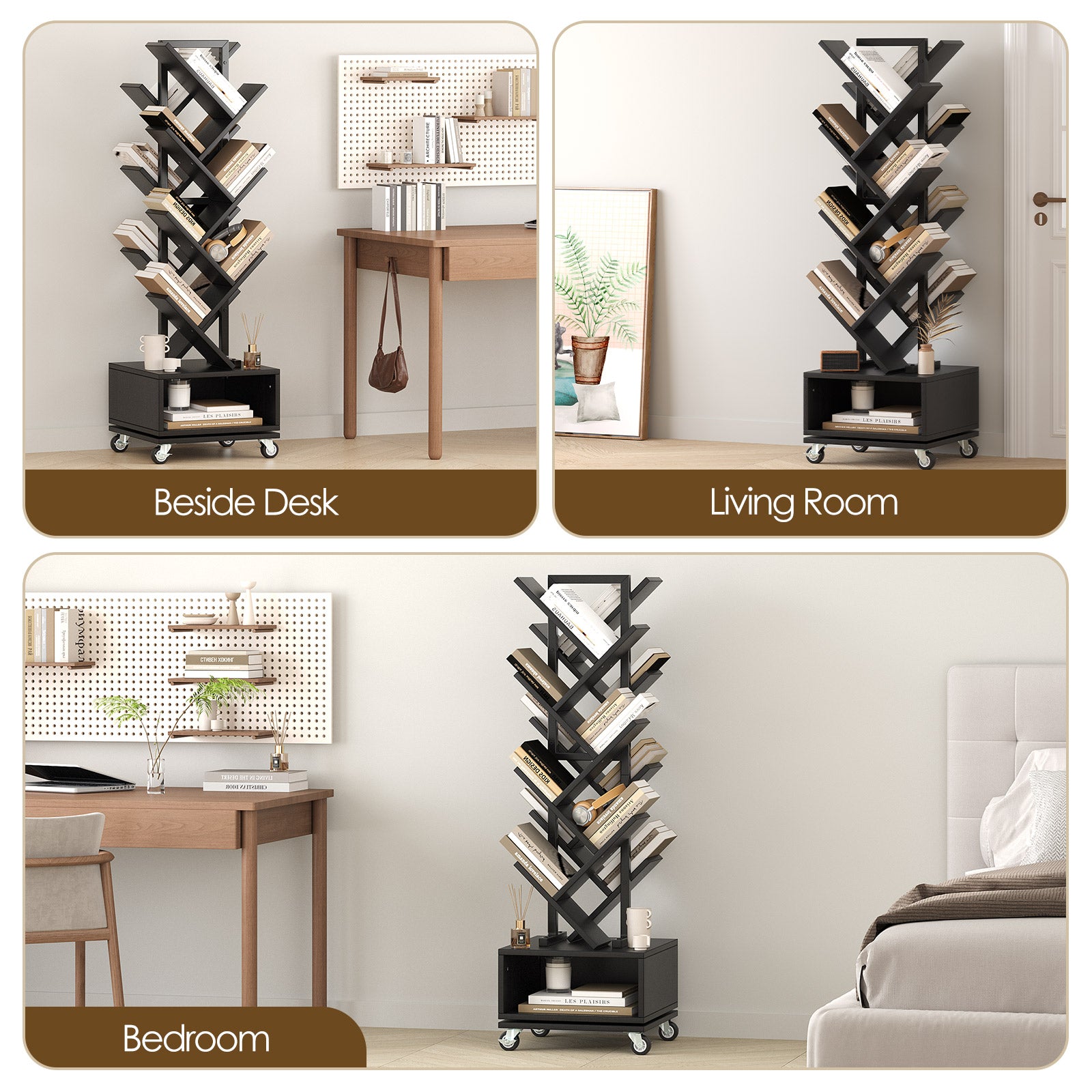 7 Tier Double Sided Rotating Tree Book Shelf, Floor Standing Wood Bookshelf with Adjustable Wheels for Narrow Space, with Storage Cabinet for Books/CDs/Magazine, Black