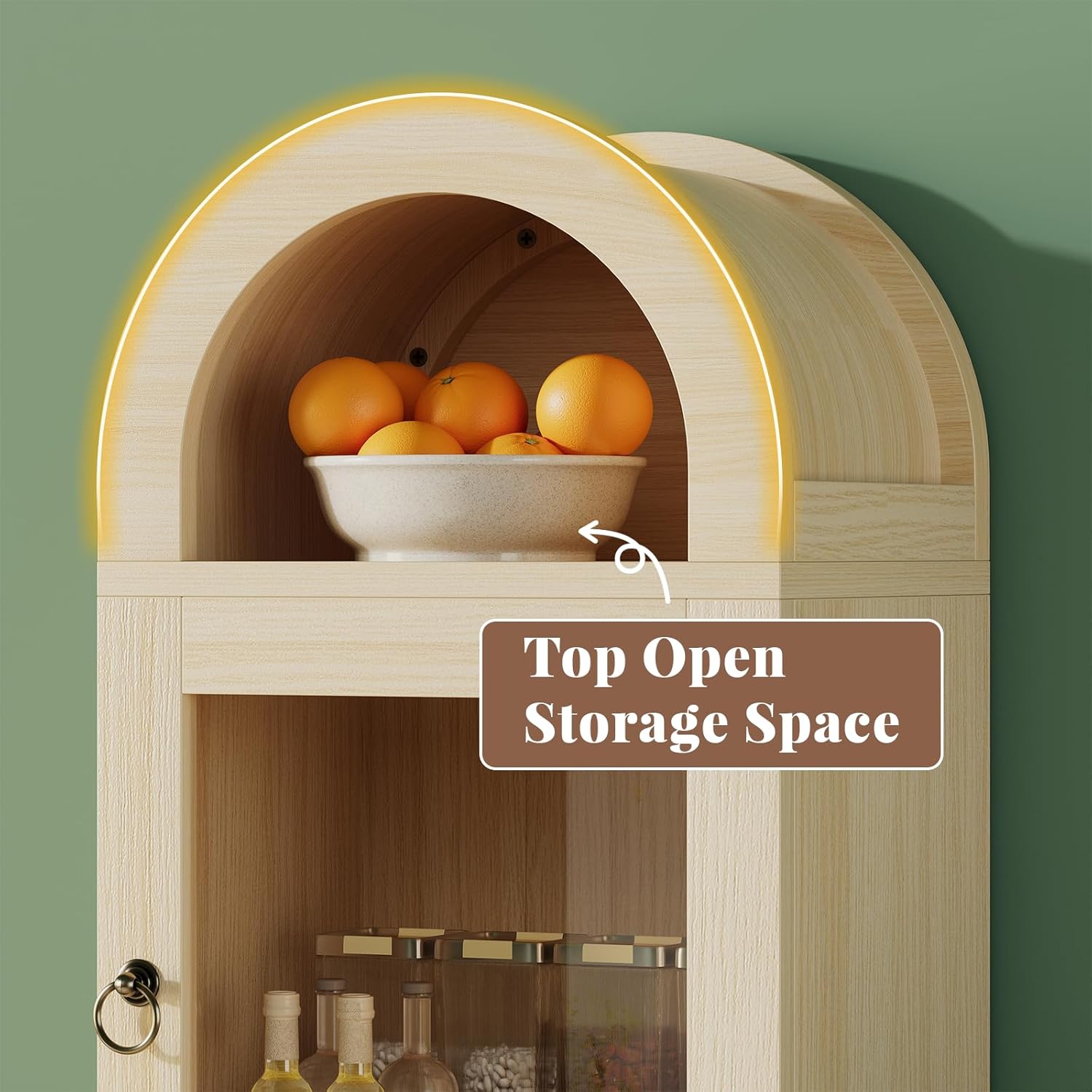 71” Tall Arched Pantry Cabinet with Glass Door, Display Cabinet Organizer with Drawer, Versatile Pantry with Top-Opening Storage Container for Living, Kitchen Dining Room, Natural