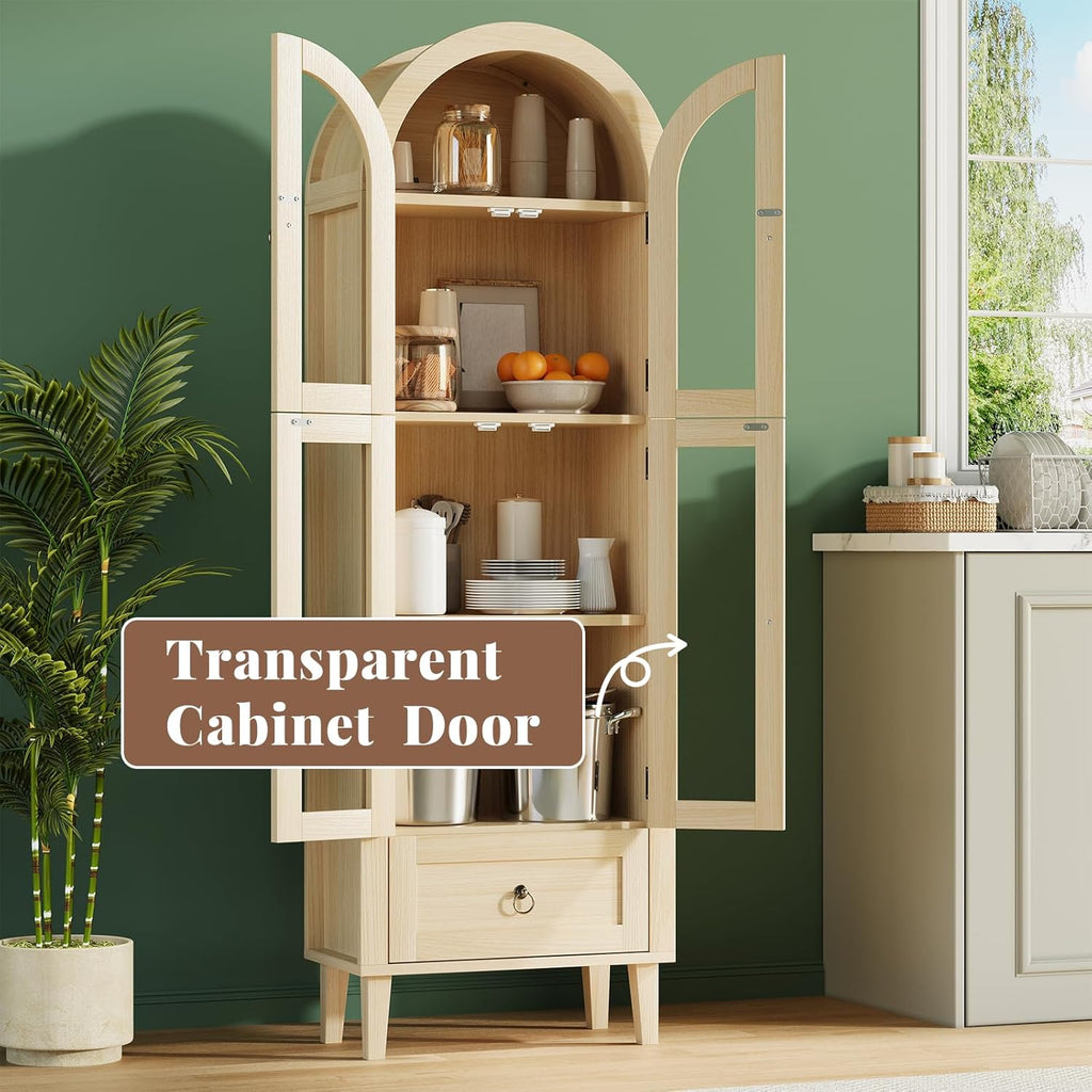 71” Tall Arched Pantry Cabinet with Glass Door, Display Cabinet Organizer with Drawer, Versatile Pantry with Top-Opening Storage Container for Living, Kitchen Dining Room, Natural
