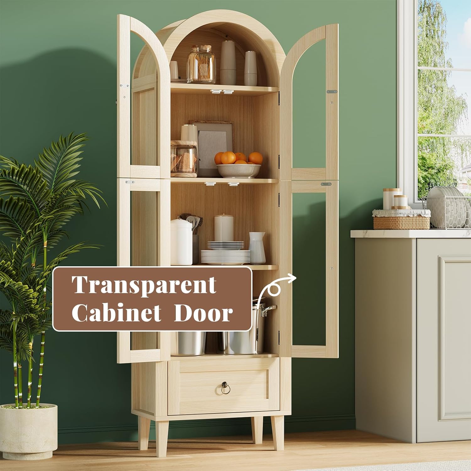 71” Tall Arched Pantry Cabinet with Glass Door, Display Cabinet Organizer with Drawer, Versatile Pantry with Top-Opening Storage Container for Living, Kitchen Dining Room, Natural