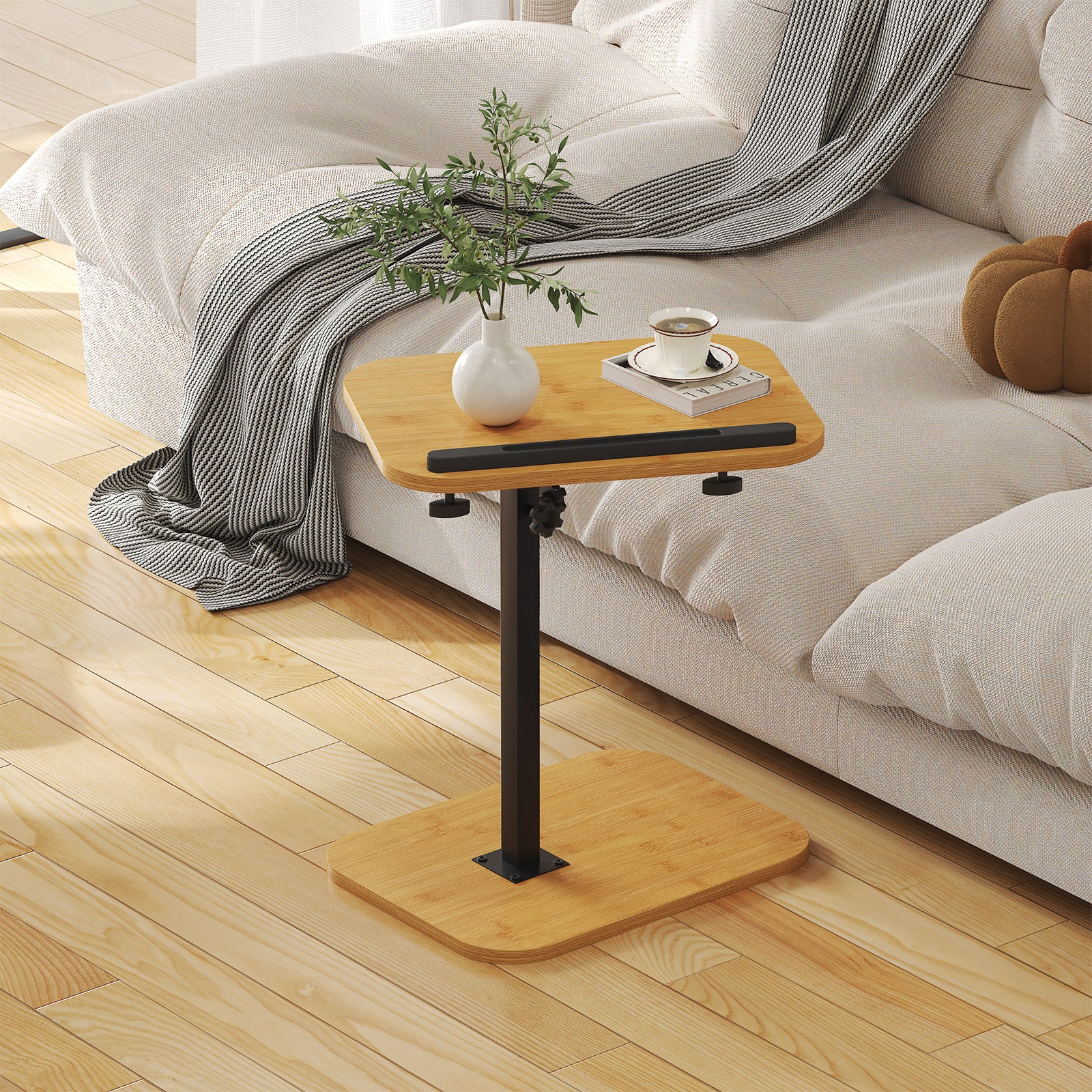 Sofa Couch Arm Table Tv Tray Small Bed Stand C Shaped Side End Tables for Living Room, Bedroom, Natural