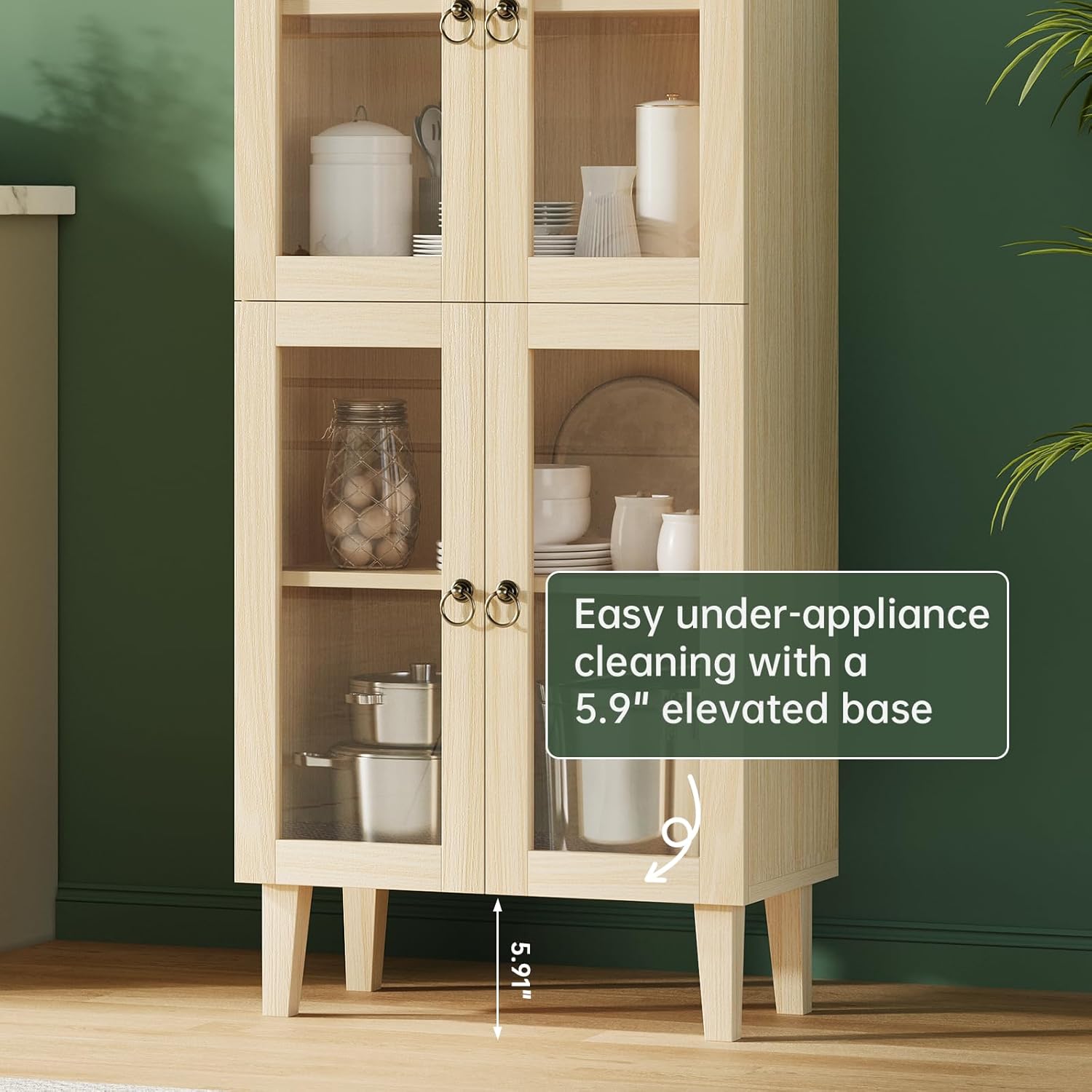 71” Tall Arched Pantry Cabinet with Glass Door, Display Cabinet Organizer, Versatile Pantry with Top-Opening Storage Container for Living, Kitchen Dining Room, Natural
