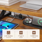 U Shaped Computer Desk, Reversible L Shaped Desk with Power Outlets & USB Ports, Corner Gaming Desk with Drawers, Home Office Desk with Storage Shelves, LED Lights, Rustic Brown