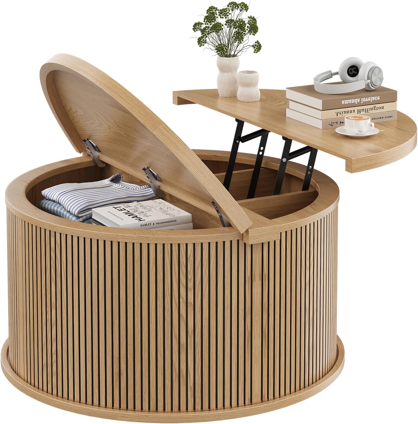 Round Coffee Table with Storage, 31.5" Lift Top Center Table with Gas Strut, Fluted Farmhouse Drum with 2 Hidden Compartments, Mid Century Modern Wood Circle Table for Living Room (Natural)