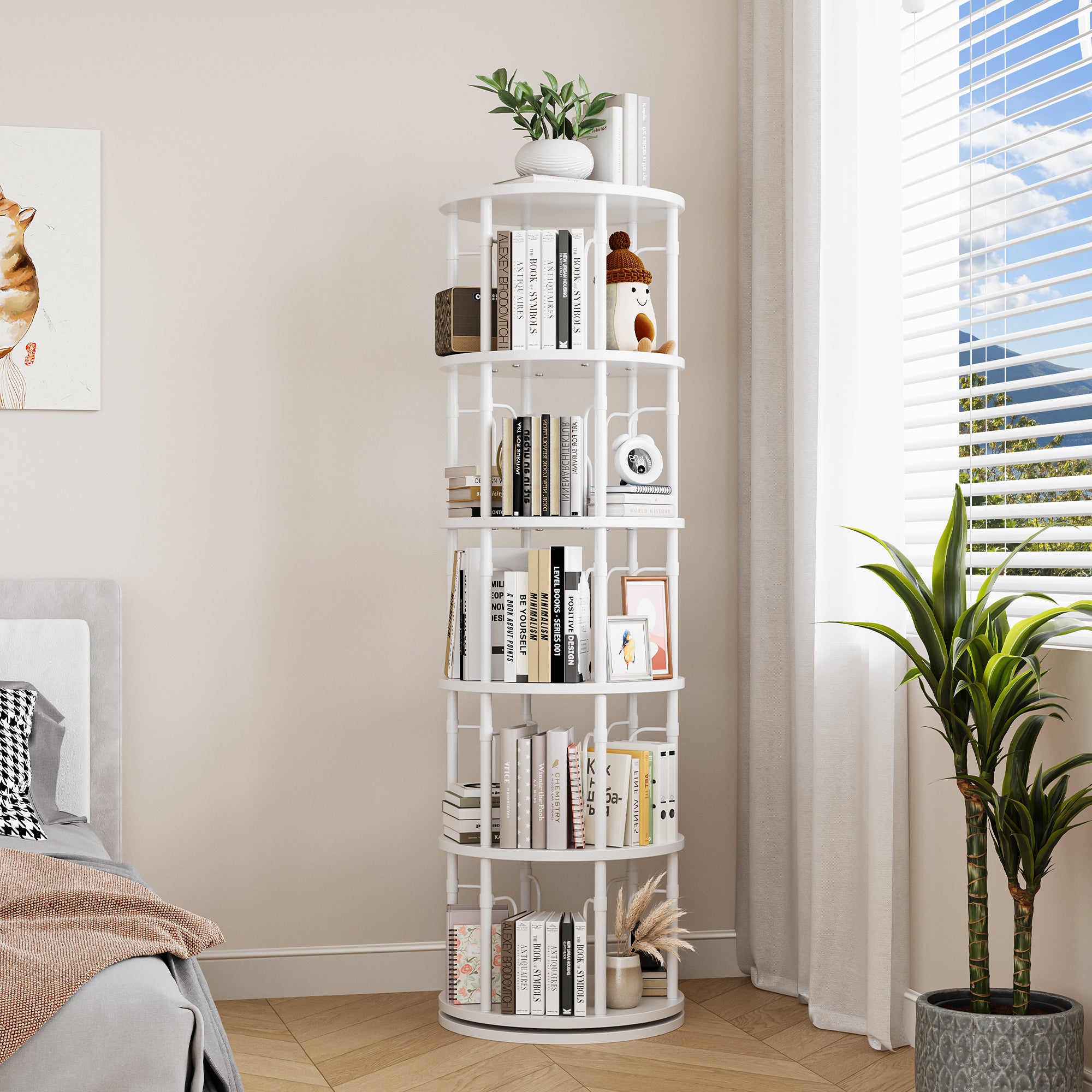 5 Tier Rotating Bookshelf Tower, 360° Spinning Bookcase, Vertical Floor Standing Revolving Bookshelf Organizer for Small Spaces, Corner, Living Room, Bedroom, White