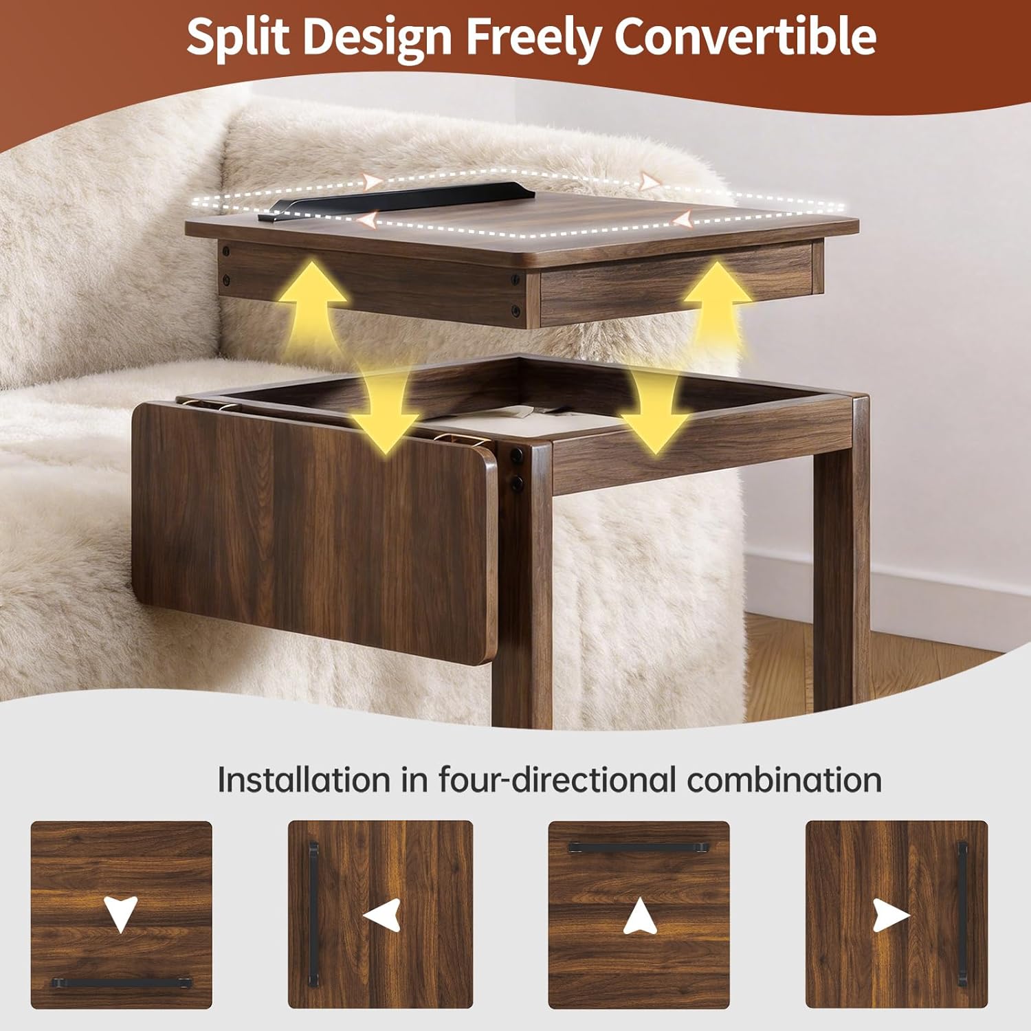 C Shaped End Table for Couch, C Side Table with Convertible Desktop, Folding Tray & Lockable Wheels, 360° Swivel TV Tray Table, Couch Tables That Slide Under, for Living Room, Bedroom, Sofa, Walnut