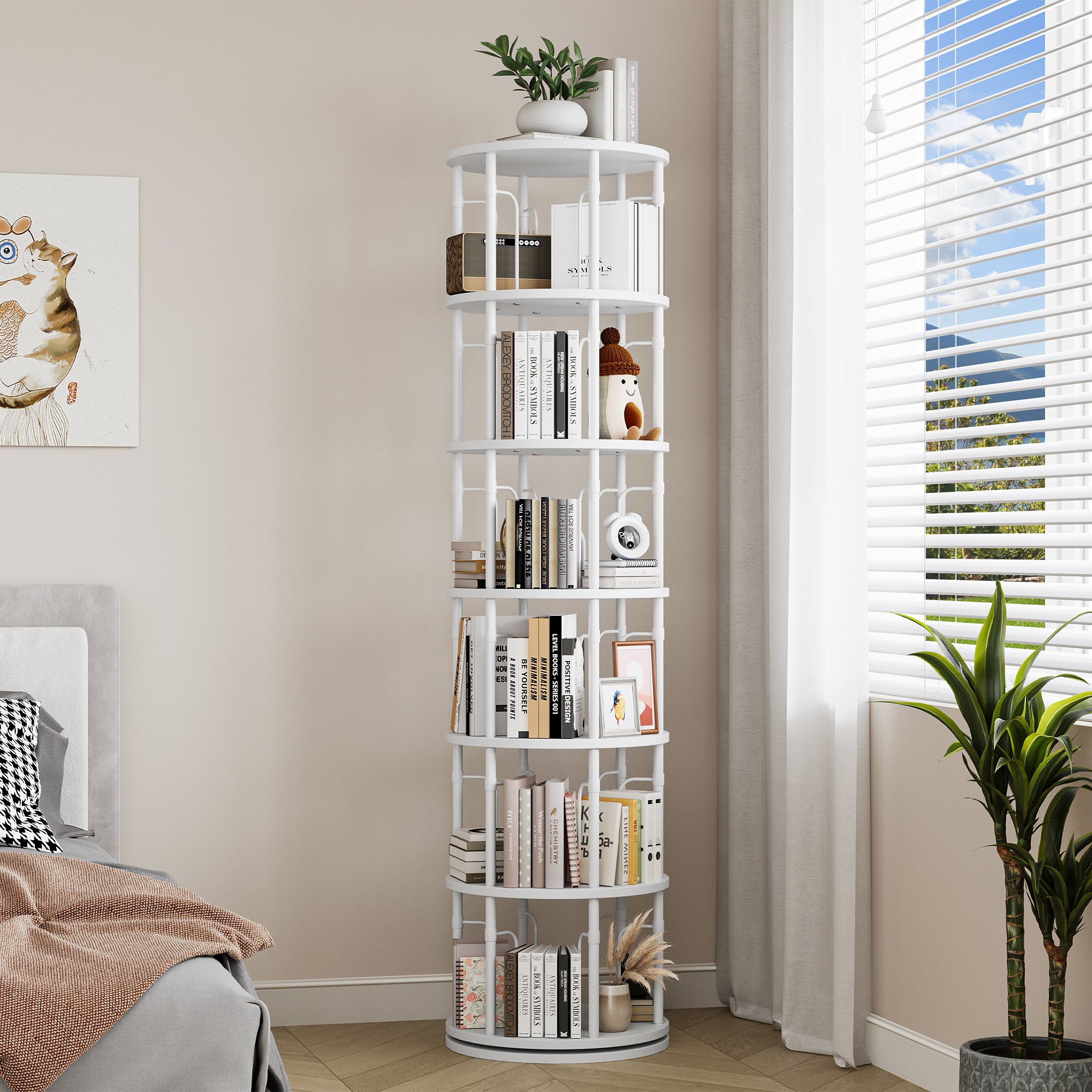 6 Tier Rotating Bookshelf Tower, 360° Spinning Bookcase, Vertical Floor Standing Revolving Bookshelf Organizer for Small Spaces, Corner, Living Room, Bedroom, White
