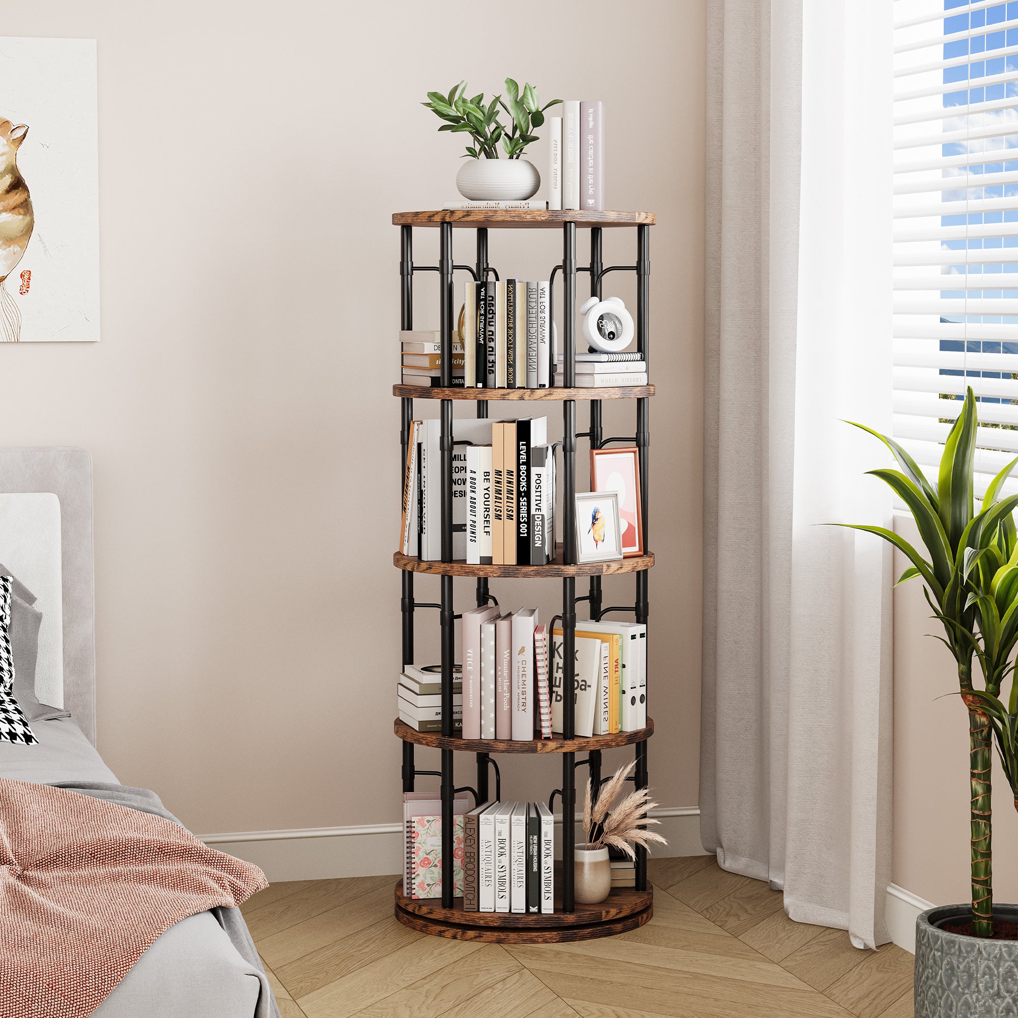 4 Tier Rotating Bookshelf Tower, 360° Spinning Bookcase, Vertical Floor Standing Revolving Bookshelf Organizer for Small Spaces, Corner, Living Room, Bedroom, Rustic Brown