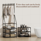 3-in-1 Coat Shoe Rack Space-Saving Hall Tree, 5 Tier Shoe Storage with Removable Hooks, Multifunctional Solution，Black