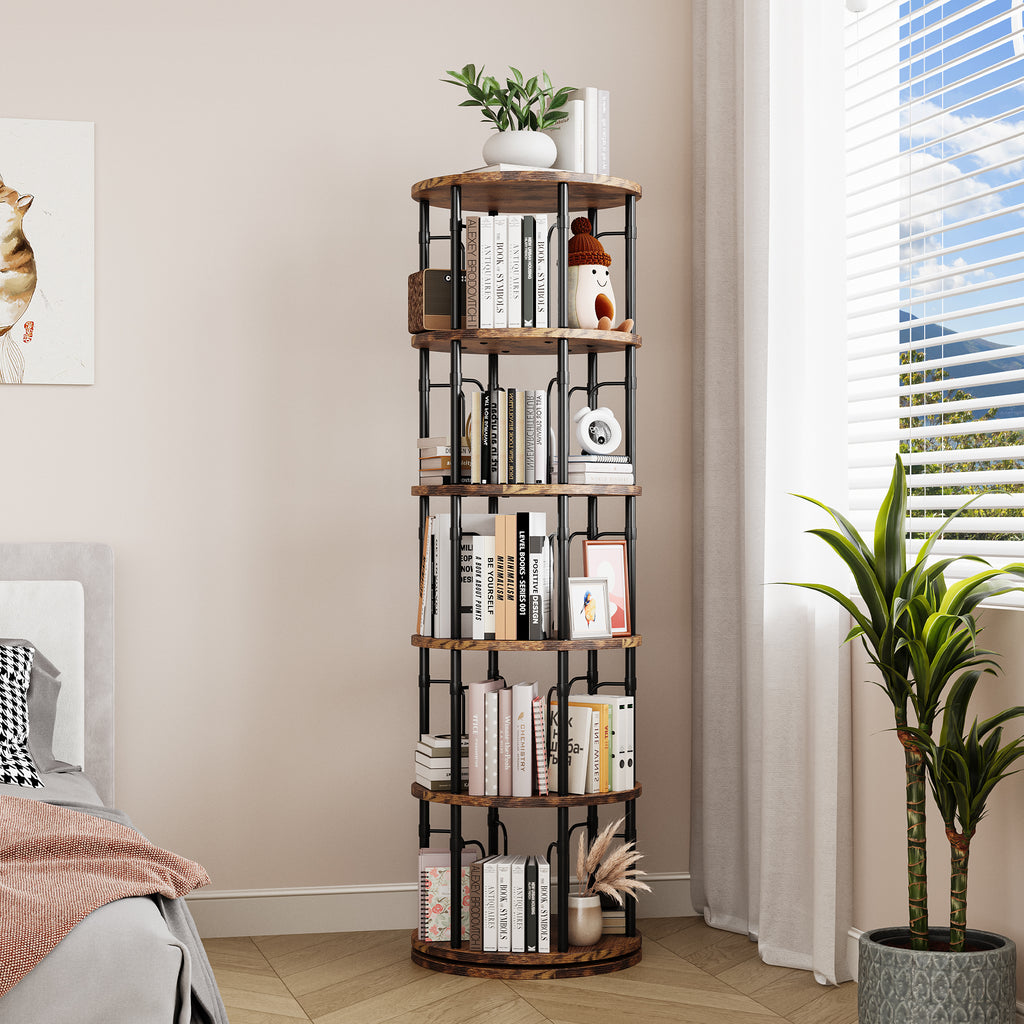 5 Tier Rotating Bookshelf Tower, 360° Spinning Bookcase, Vertical Floor Standing Revolving Bookshelf Organizer for Small Spaces, Corner, Living Room, Bedroom, Rustic Brown