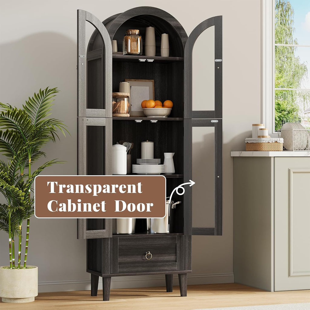 71” Tall Arched Pantry Cabinet with Glass Door, Display Cabinet Organizer with Drawer, Versatile Pantry with Top-Opening Storage Container for Living, Kitchen Dining Room