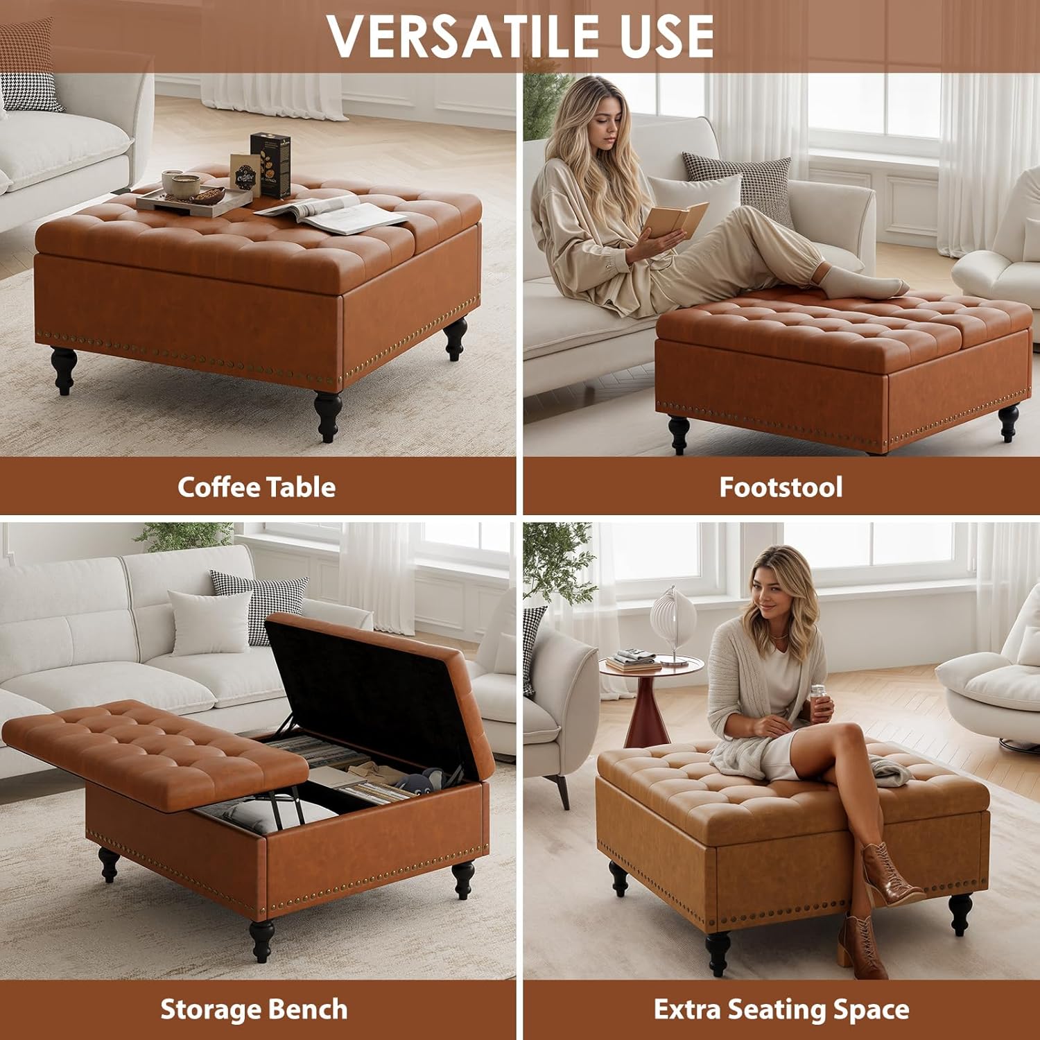 Large Square Storage Ottoman Bench, Button Tufted Upholstered Coffee Table Ottoman with Solid Wooden Legs, Easy-to-Assemble, Reddish-Brown