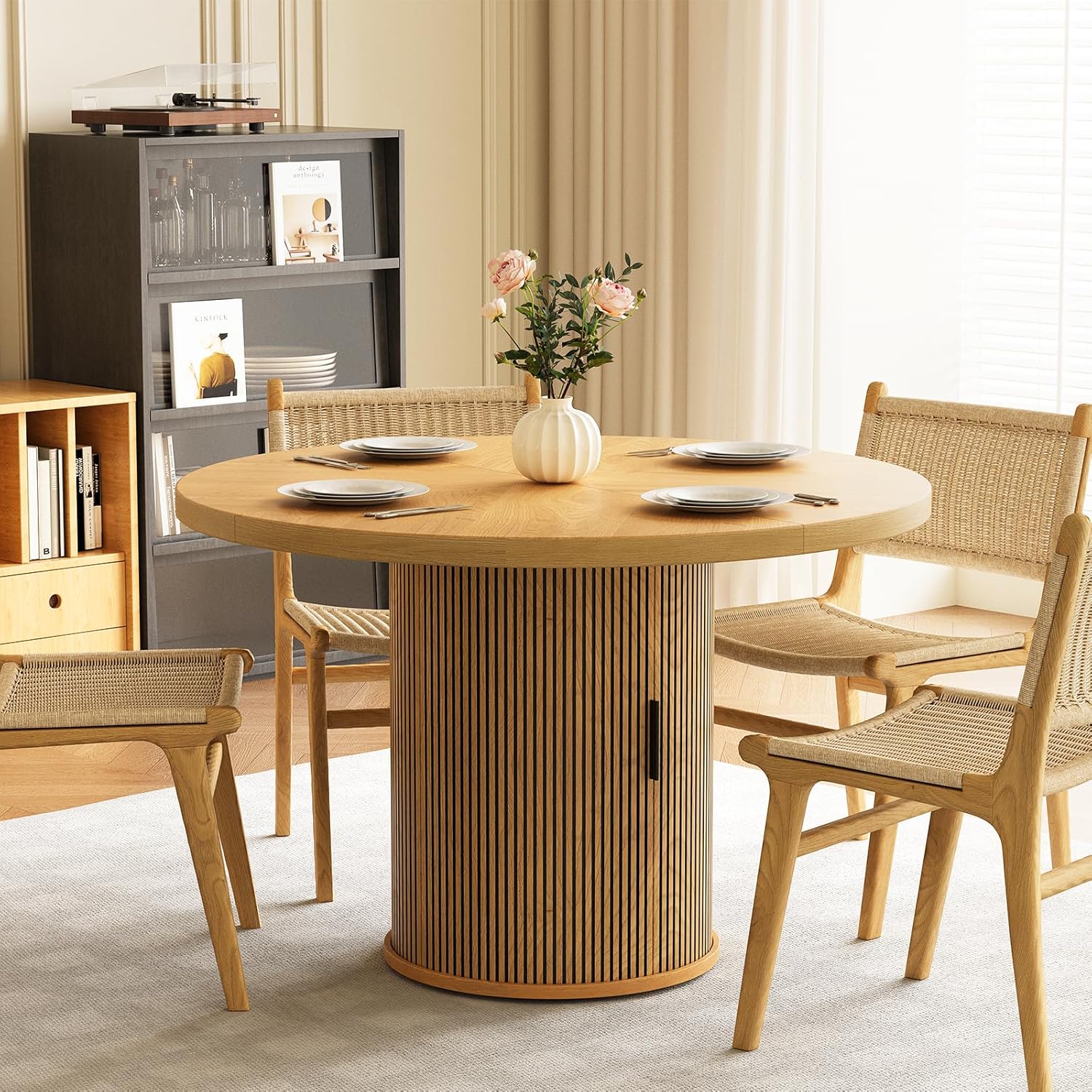 47 inch Round Dining Table for 4, Farmhouse Kitchen Table with 2-Layer Storage Shelf and Wood Slide Door Modern Dinner Table or Home Dining Room Living Room (Natural)