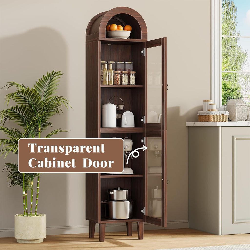 71" Tall Arched Storage Cabinet with Glass Door, Display Cabinet with Top-Opening Storage Container, Kitchen Versatile Pantry, Brown