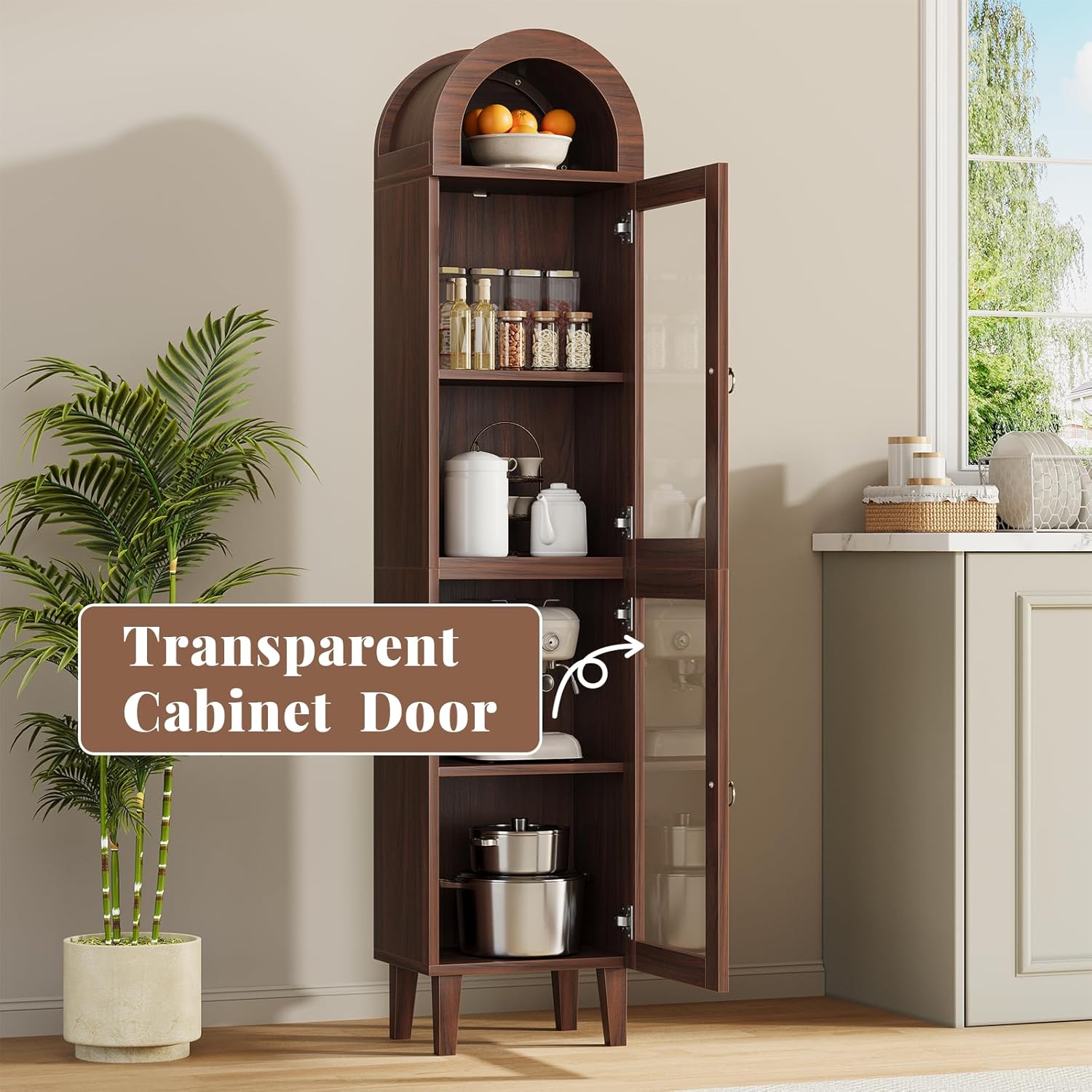 71" Tall Arched Storage Cabinet with Glass Door, Display Cabinet with Top-Opening Storage Container, Kitchen Versatile Pantry, Brown