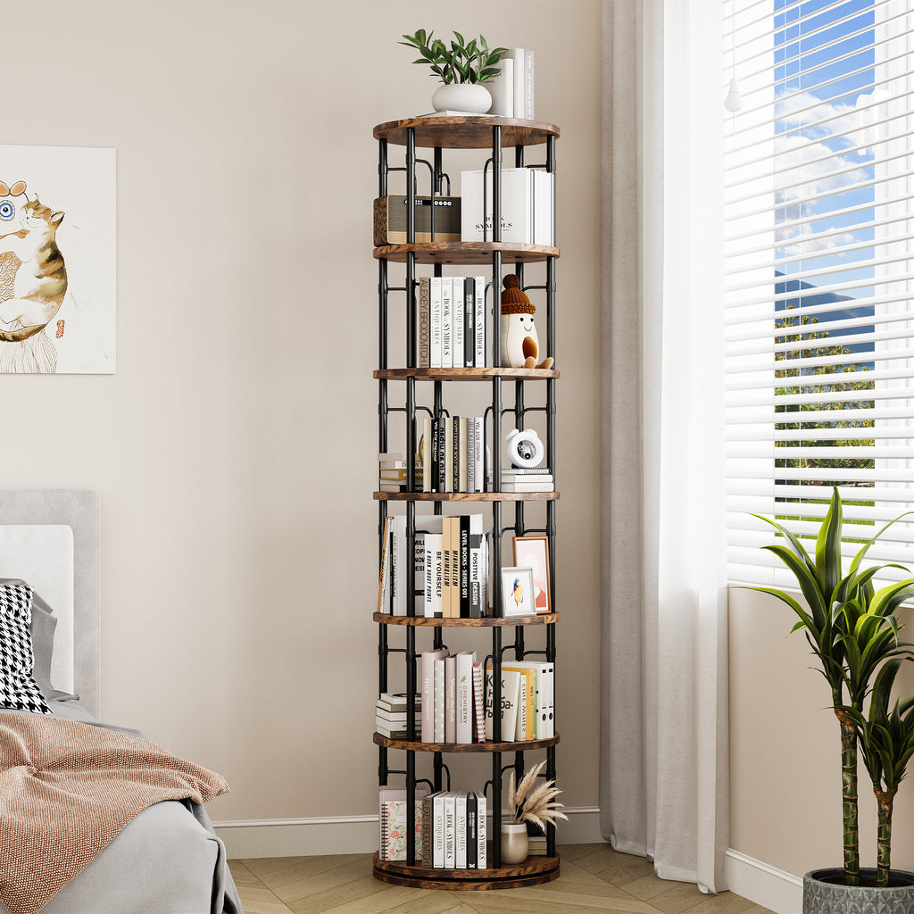 6 Tier Rotating Bookshelf Tower, 360° Spinning Bookcase, Vertical Floor Standing Revolving Bookshelf Organizer for Small Spaces, Corner, Living Room, Bedroom, Rustic Brown
