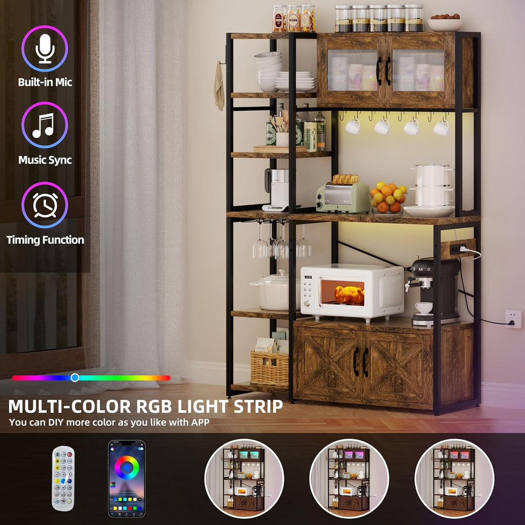 69 Inch Bakers Rack with Storage Cabinet, 5-Tier Coffee Bar with Power Outlet and LED Lights, Industrial Microwave Oven Stand with Shelves, Kitchen Storage Shelf, Rustic Brown
