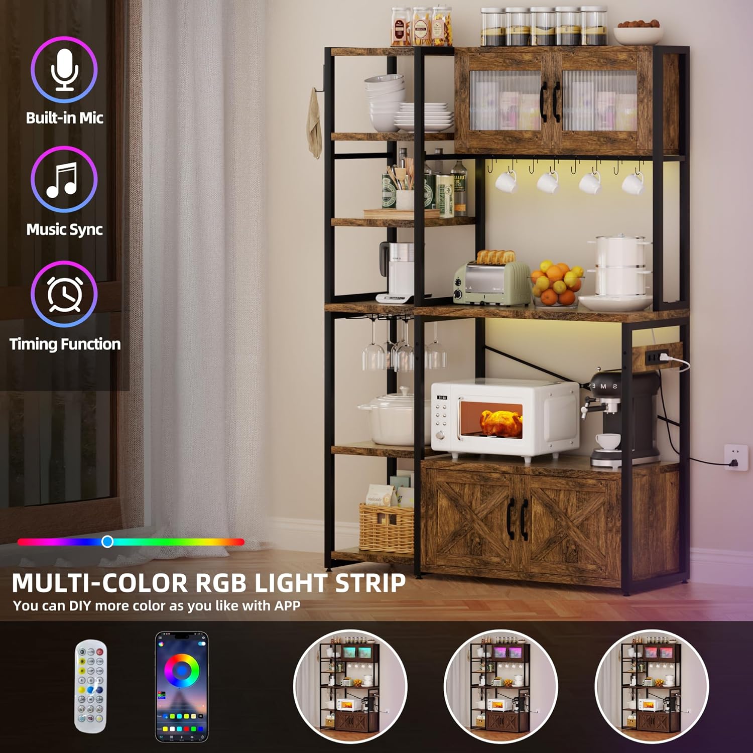 69 Inch Bakers Rack with Storage Cabinet, 5-Tier Coffee Bar with Power Outlet and LED Lights, Industrial Microwave Oven Stand with Shelves, Kitchen Storage Shelf, Rustic Brown