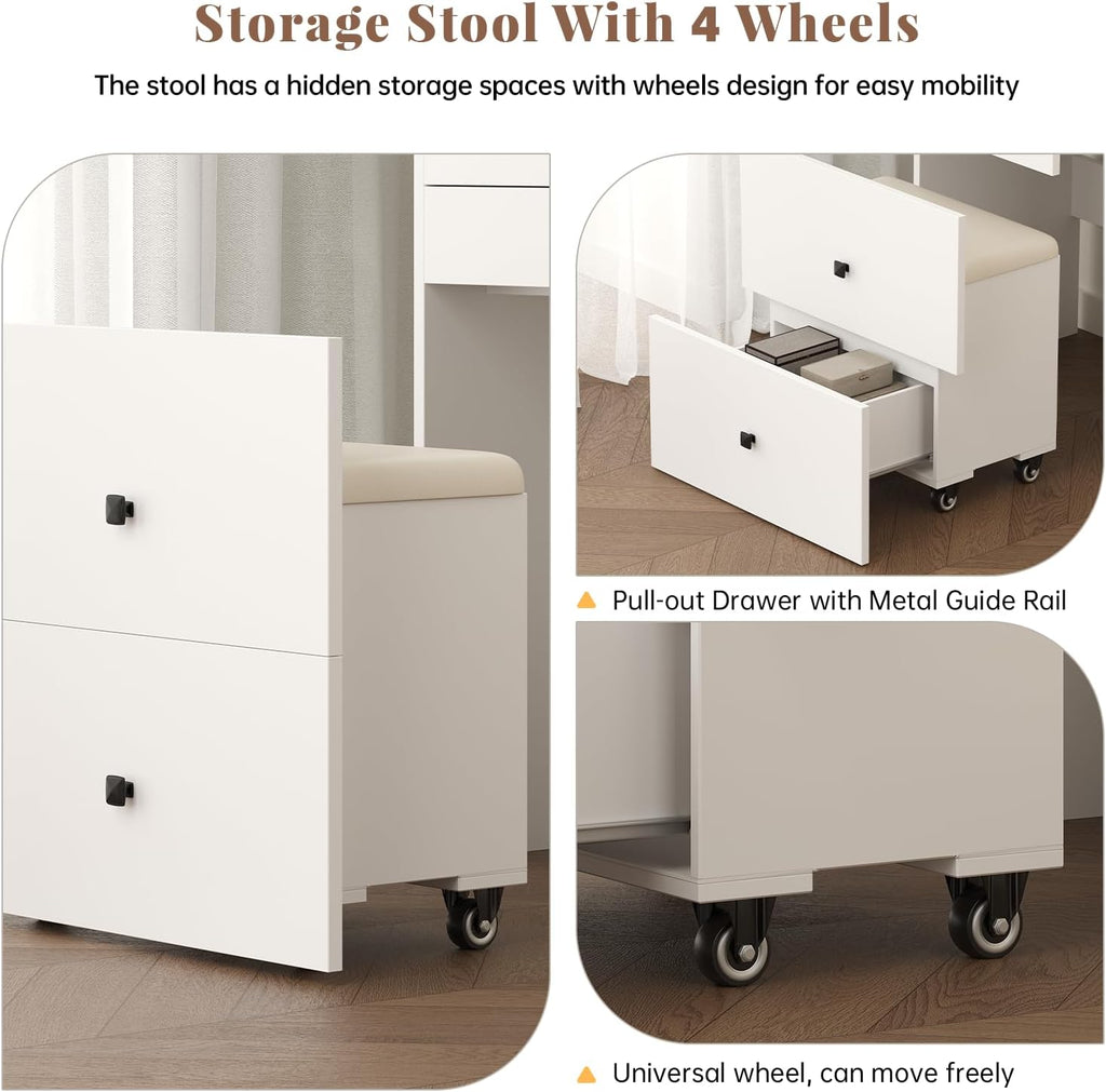 Vanity Desk with Mirror & Side-Mounted Power Strip, Makeup Vanity Table with Foldable Side Panels, Top Built-in Storage Dresser, Walnut+White