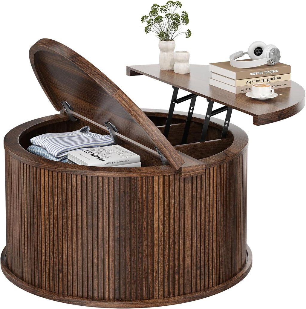 Round Coffee Table with Storage, 31.5" Lift Top Center Table with Gas Strut, Fluted Farmhouse Drum with 2 Hidden Compartments, Mid Century Modern Wood Circle Table for Living Room (Dark Brown)