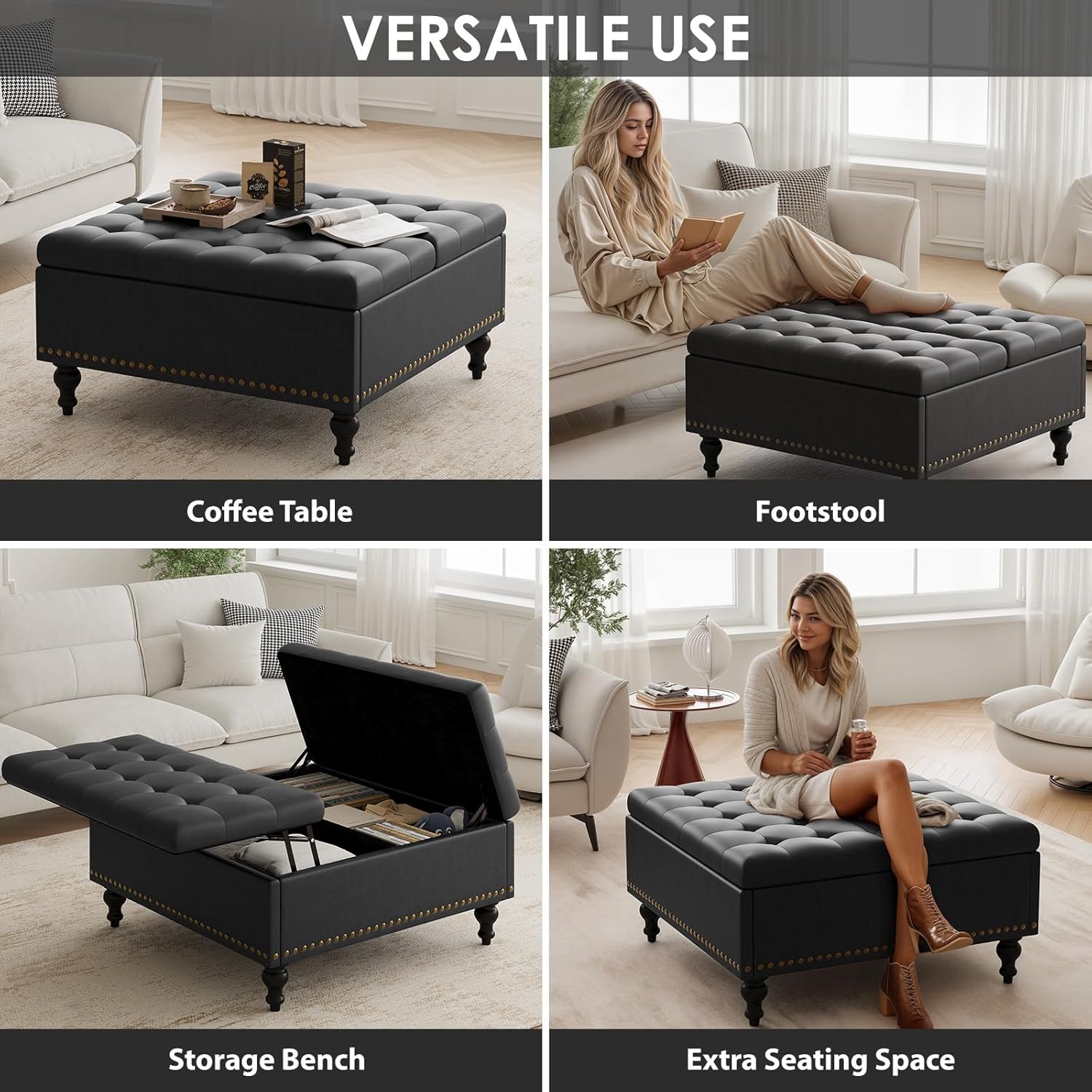 Versatile Lift-Top Ottoman, Multi-Function Storage Bench and Coffee Table in Leather for Living Room or Bedroom, Easy-to-Assemble, Black