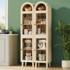 71” Tall Arched Pantry Cabinet with Glass Door, Display Cabinet Organizer, Versatile Pantry with Top-Opening Storage Container for Living, Kitchen Dining Room, Natural