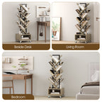 Double Sided Rotating Tree Bookshelf - 7-Tier Retro Floor Standing Bookcase, Wood Storage for Books, CDs, Movies, Perfect for Small Spaces in Bedroom, Living Room, Home Office, Grey