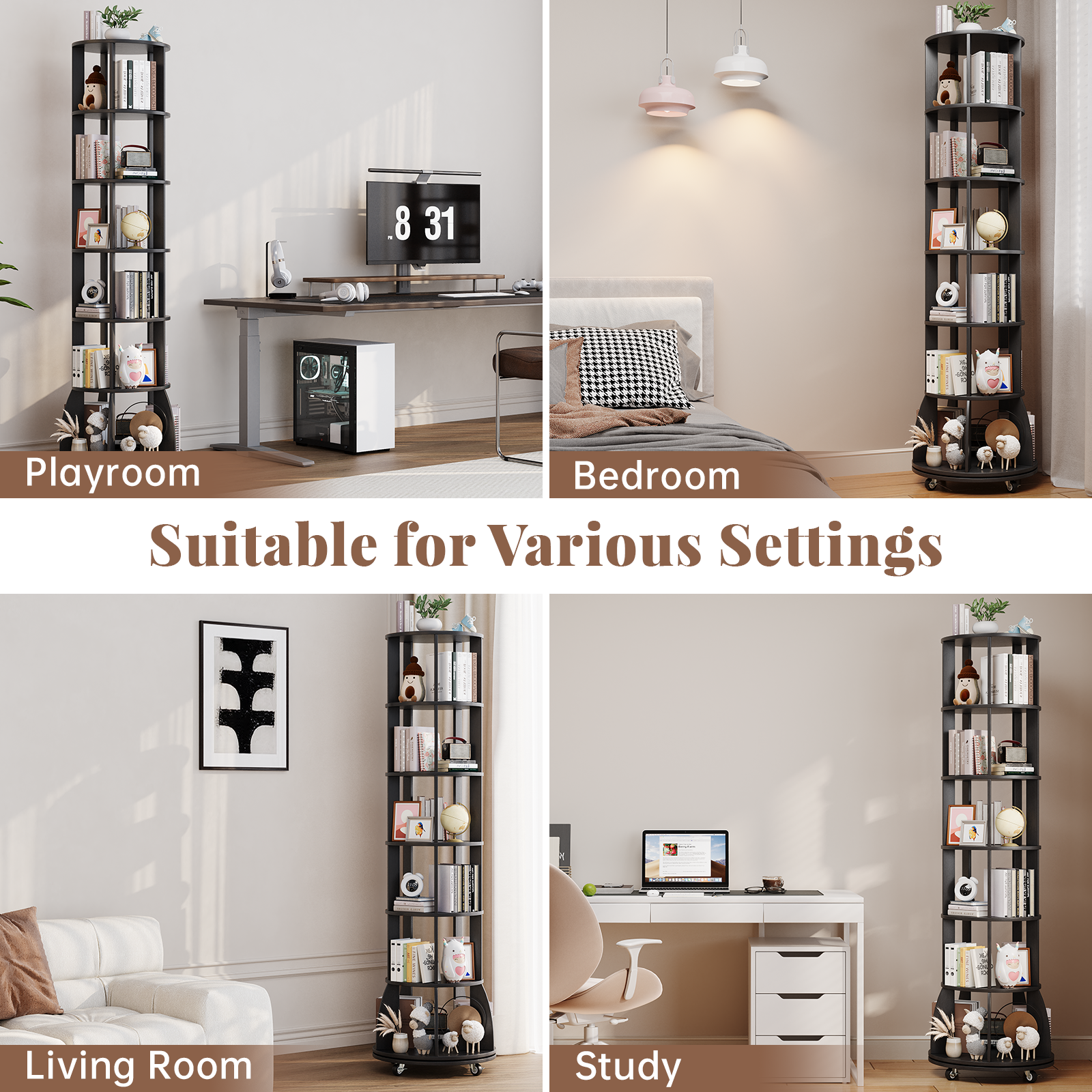 6 Tier Rotating Bookshelf with Locking Casters, 360° Spinning Vertical Bookcase, Revolving Floor Standing Organizer for Small Spaces, Corner, Living Room, Bedroom, Black
