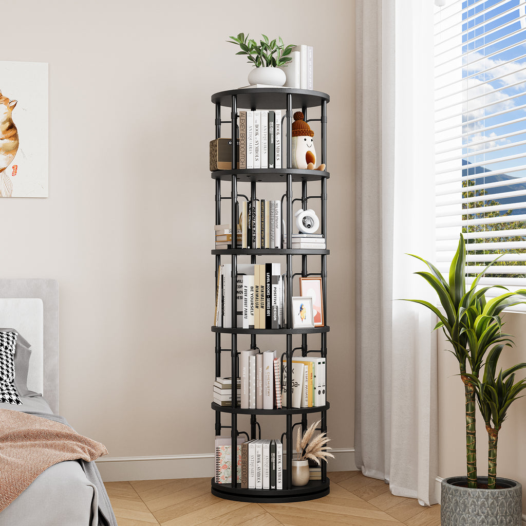 5 Tier Rotating Bookshelf Tower, 360° Spinning Bookcase, Vertical Floor Standing Revolving Bookshelf Organizer for Small Spaces, Corner, Living Room, Bedroom, Black