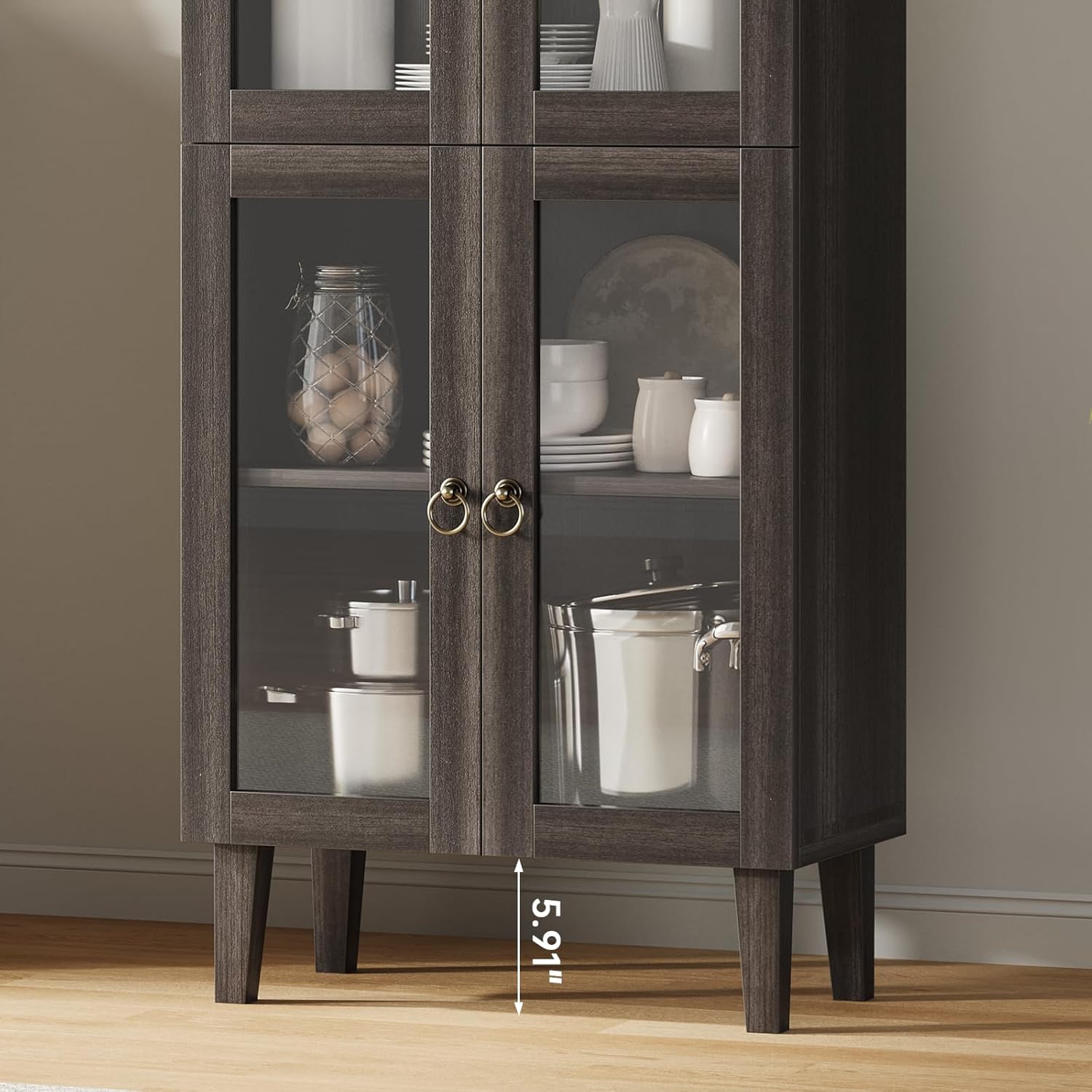 71” Tall Arched Pantry Cabinet with Glass Door, Display Cabinet Organizer, Versatile Pantry with Top-Opening Storage Container for Living, Kitchen Dining Room, Black