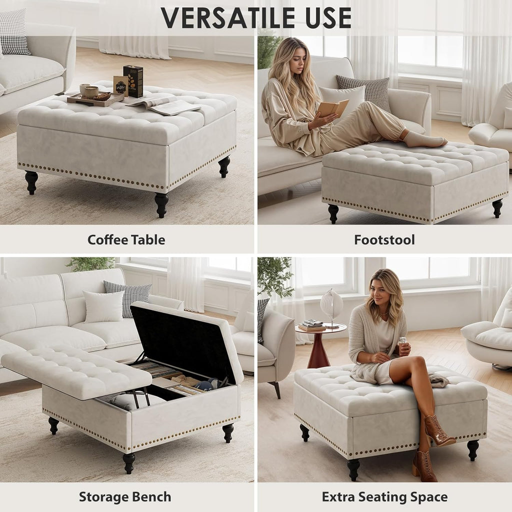Versatile Lift-Top Ottoman Coffee Table, Multi-Function Storage Bench and Foot Rest in Leather for Living Room or Bedroom, Easy-to-Assemble, White