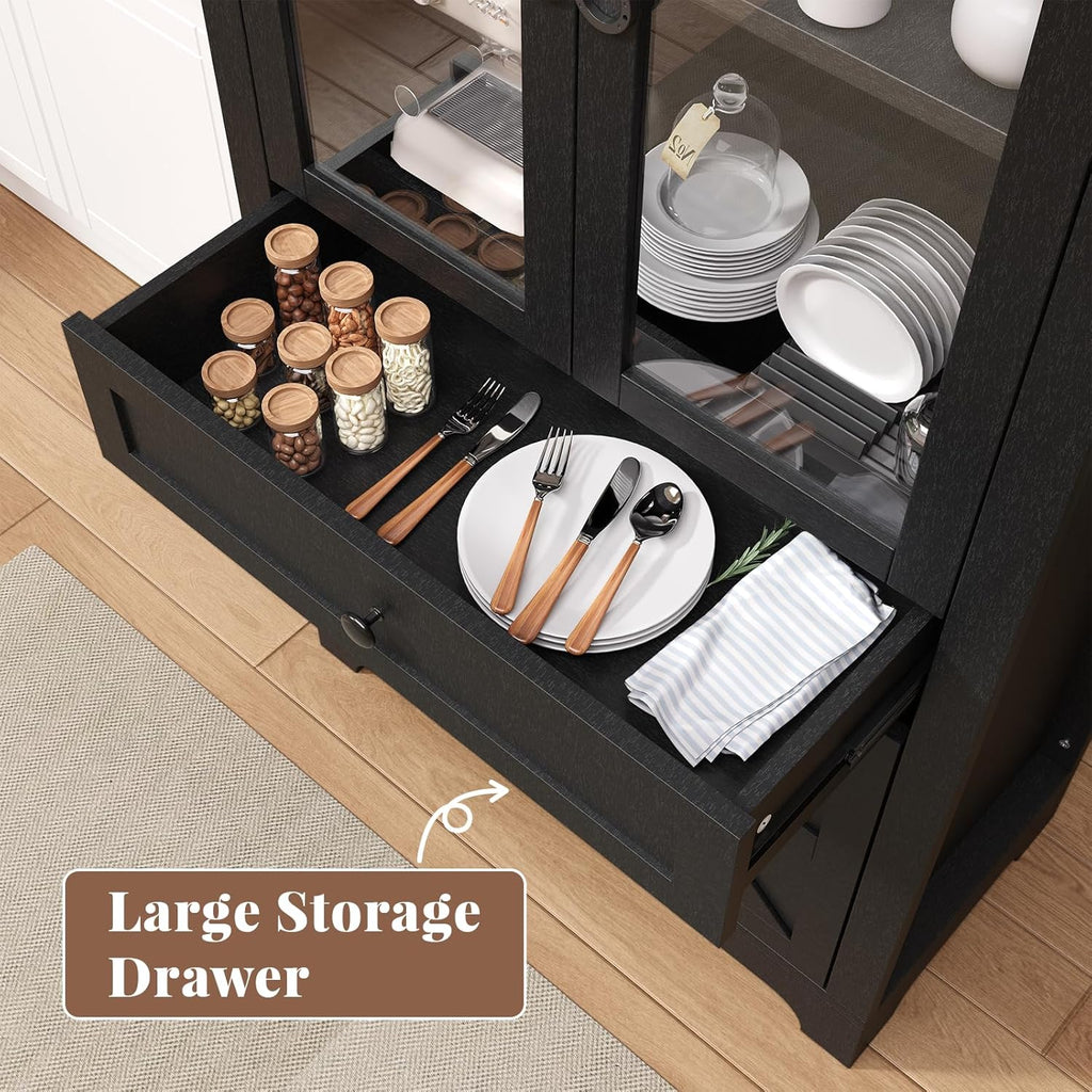 71" Tall Farmhouse Arched Storage Cabinet with Glass Door, Drawer and Barn Door, Versatile Pantry for Kitchen, Dining Room, Bathroom, Black