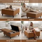 Square Leather Ottoman with Storage, Coffee Table Ottoman with Lift Top, Large Upholstered Footrest Storage, Brown