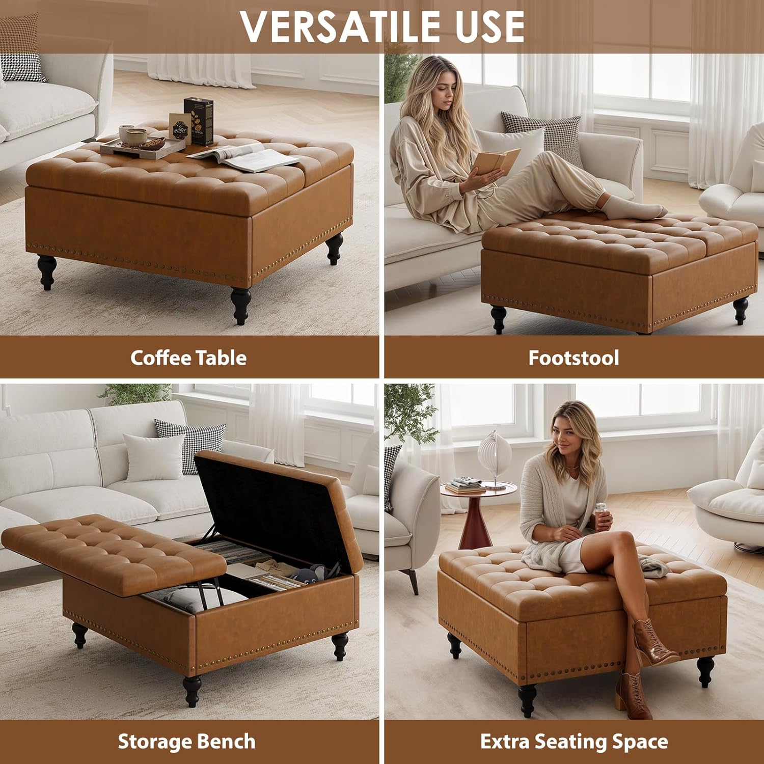 Square Leather Ottoman with Storage, Coffee Table Ottoman with Lift Top, Large Upholstered Footrest Storage, Brown