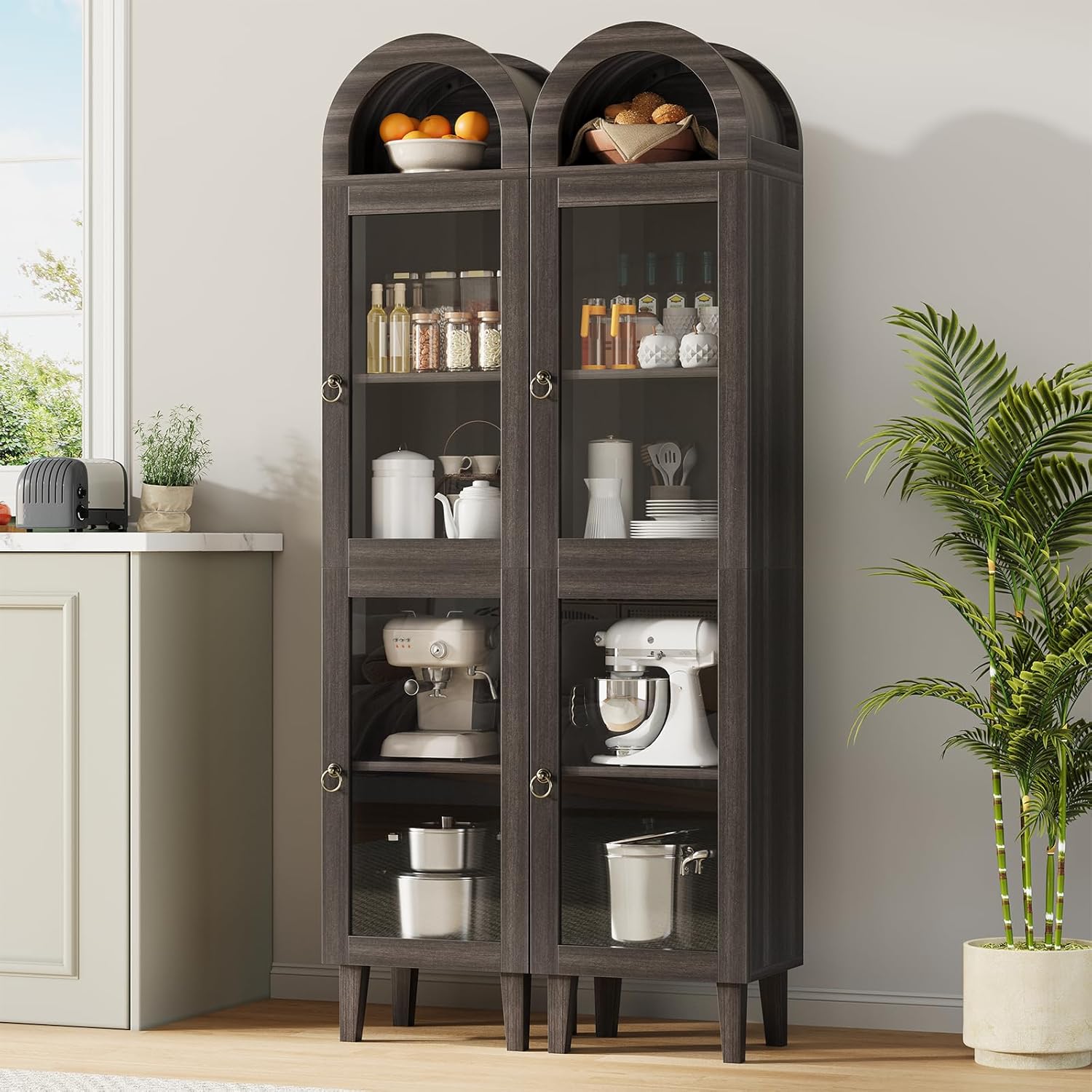 71” Tall Arched Pantry Cabinet with Glass Door, Display Cabinet Organizer, Versatile Pantry with Top-Opening Storage Container for Living, Kitchen Dining Room, Black