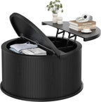 Round Coffee Table with Storage, 31.5" Lift Top Center Table with Gas Strut, Fluted Farmhouse Drum with 2 Hidden Compartments, Mid Century Modern Wood Circle Table for Living Room, Black