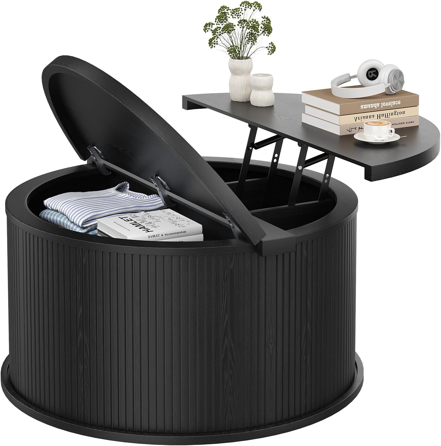 Round Coffee Table with Storage, 31.5" Lift Top Center Table with Gas Strut, Fluted Farmhouse Drum with 2 Hidden Compartments, Mid Century Modern Wood Circle Table for Living Room, Black