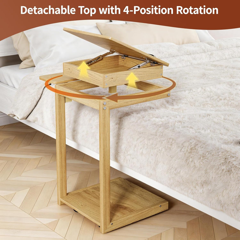 C Shaped End Table for Couch, C Side Table with Convertible Desktop, Folding Tray & Lockable Wheels, 360° Swivel TV Tray Table, Couch Tables That Slide Under, for Living Room, Bedroom, Sofa, Oak