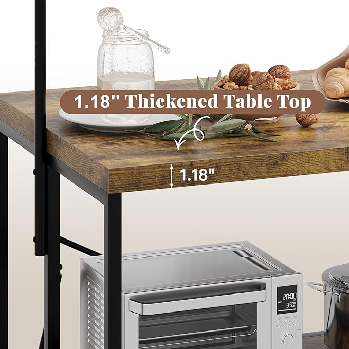 Kitchen Island with Storage, 3-Tier Bakers Rack with Power Outlet, Microwave Stand with 8 Hooks, 1.2" Thickened Tabletop, Large Coffee Bar Table, Vintage Brown, 47"x28"x71"