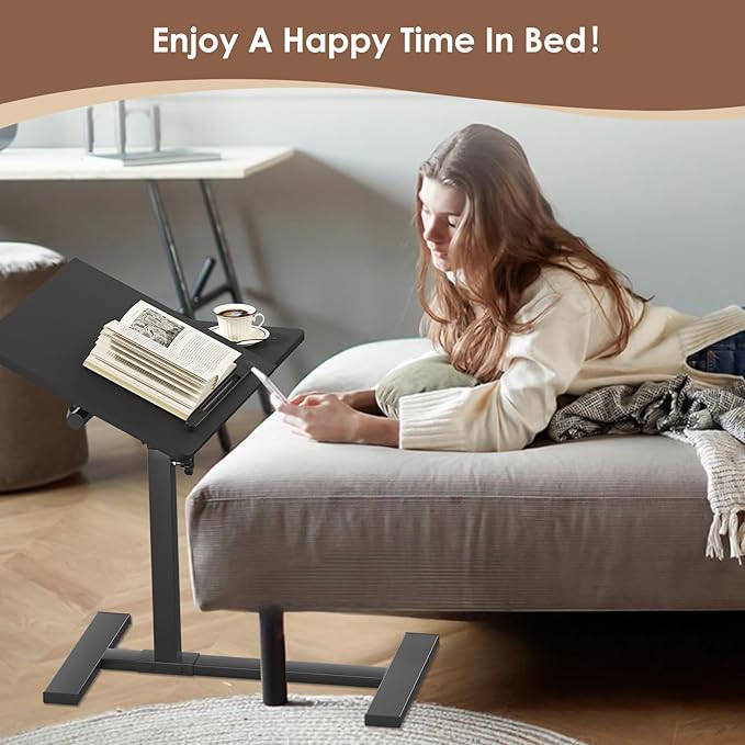 Height Adjustable C-Shaped Table with Removable Wheels, Mobile Sofa Snack Table with Tiltable Top, Adjustable Laptop Stand for Couch, Bedside Desk with Pen Slot, Black