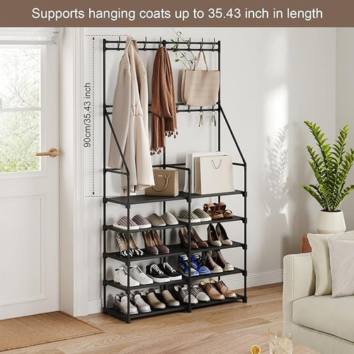 3-in-1 Double Row Coat Rack Freestanding with Shoe Storage Entryway Organizer 5-Tier Shoe Rack, 16 Hooks, Hall Tree for Home or Office, Black