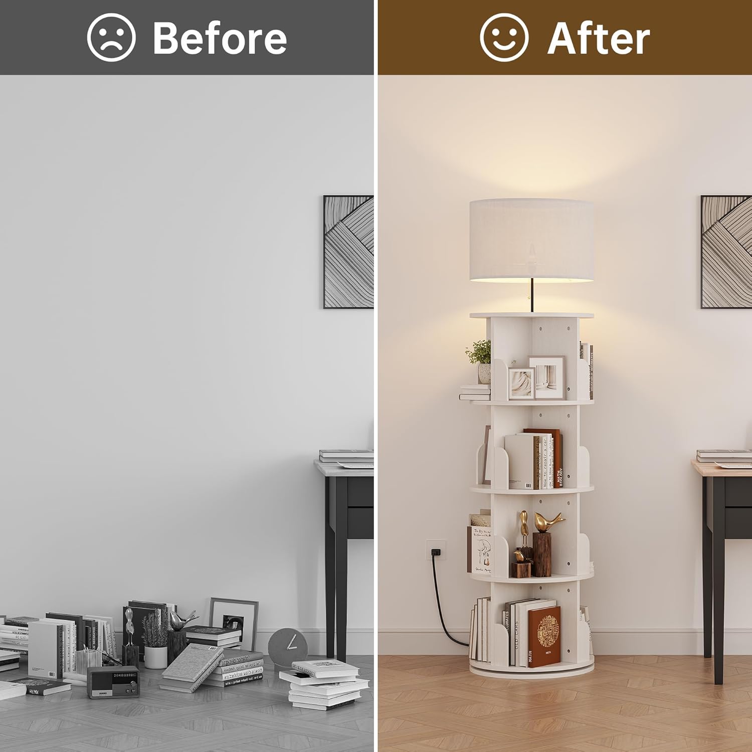4 Tier Rotating Bookshelf with Lamp, 3 Color Temperatures, Vertical Bookcase Tower, Space-Saving Floor Standing Organizer for Living Room, Bedroom, White